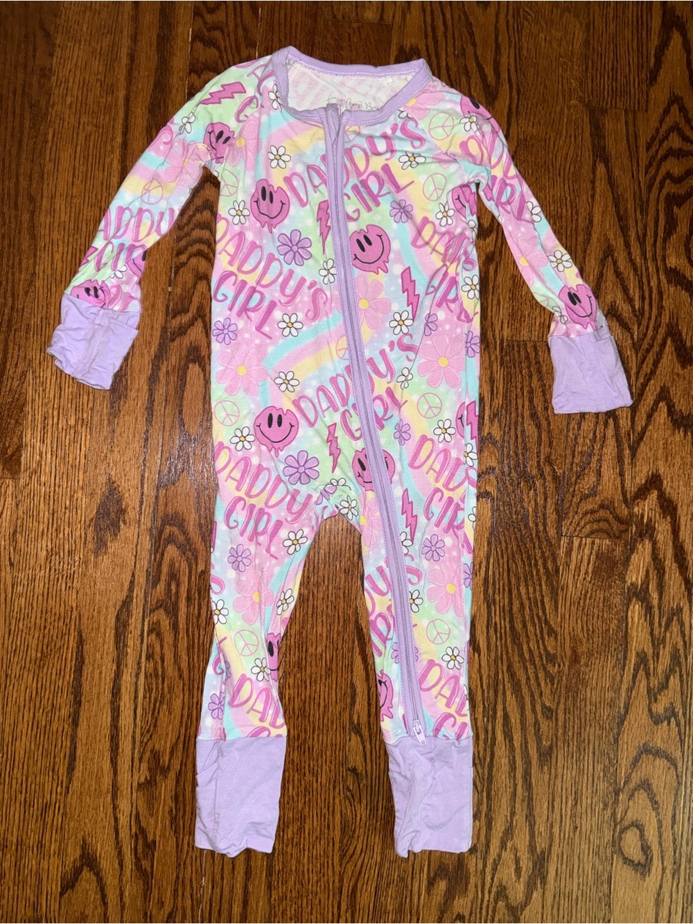 Pastel Floral & Smileys Zip One-Piece Footie - Lavender Trim